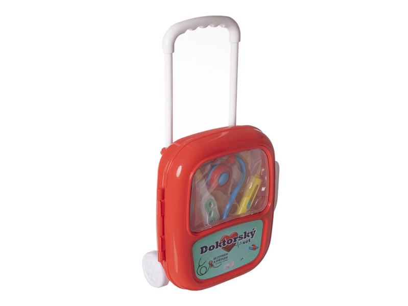 Sada doktor se stetoskopem v kufříku na kolečkách 